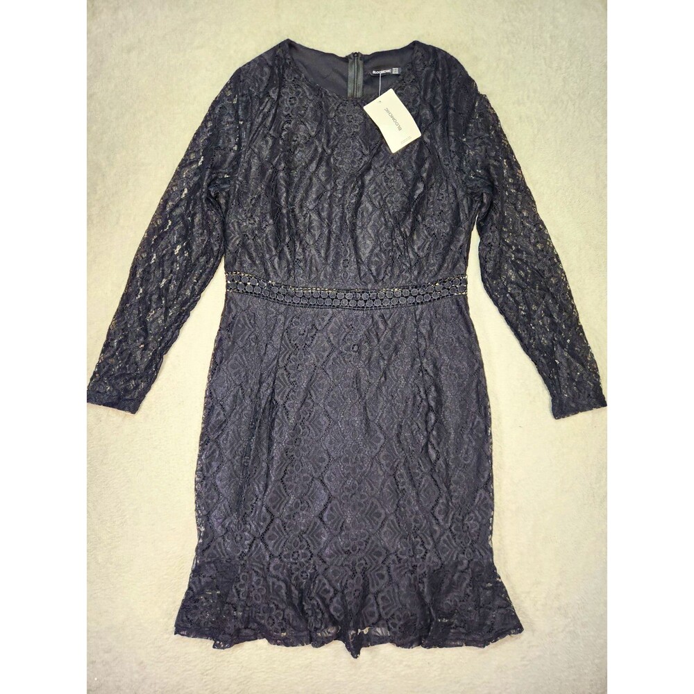 Women's Size 12 Black Lace Sheath Dress Sheer Long Sleeves Zip Knee Length